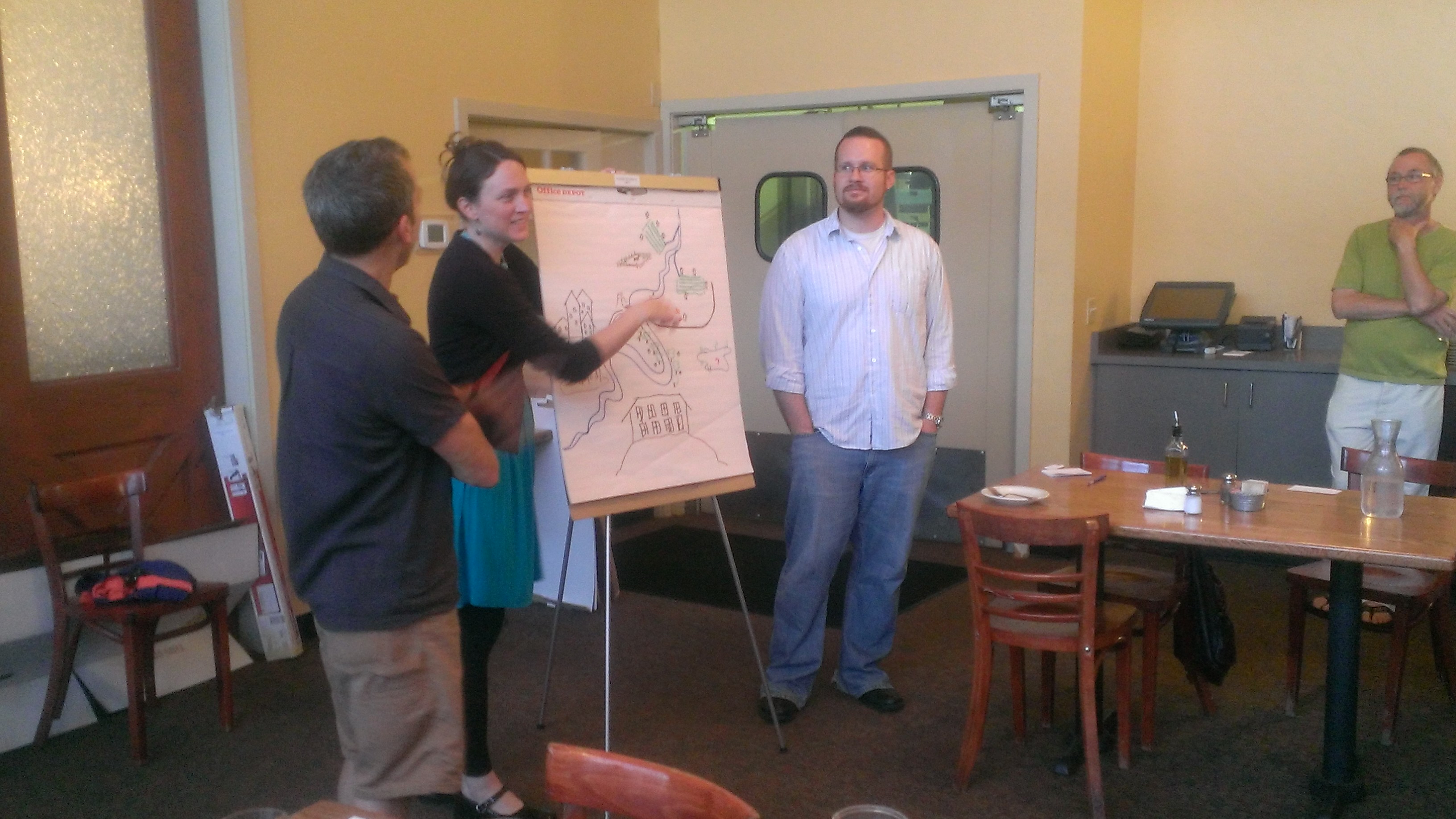 Along with other innovative ideas, the party's drawing group points out the benefits of sharks with laser beams for prison security.