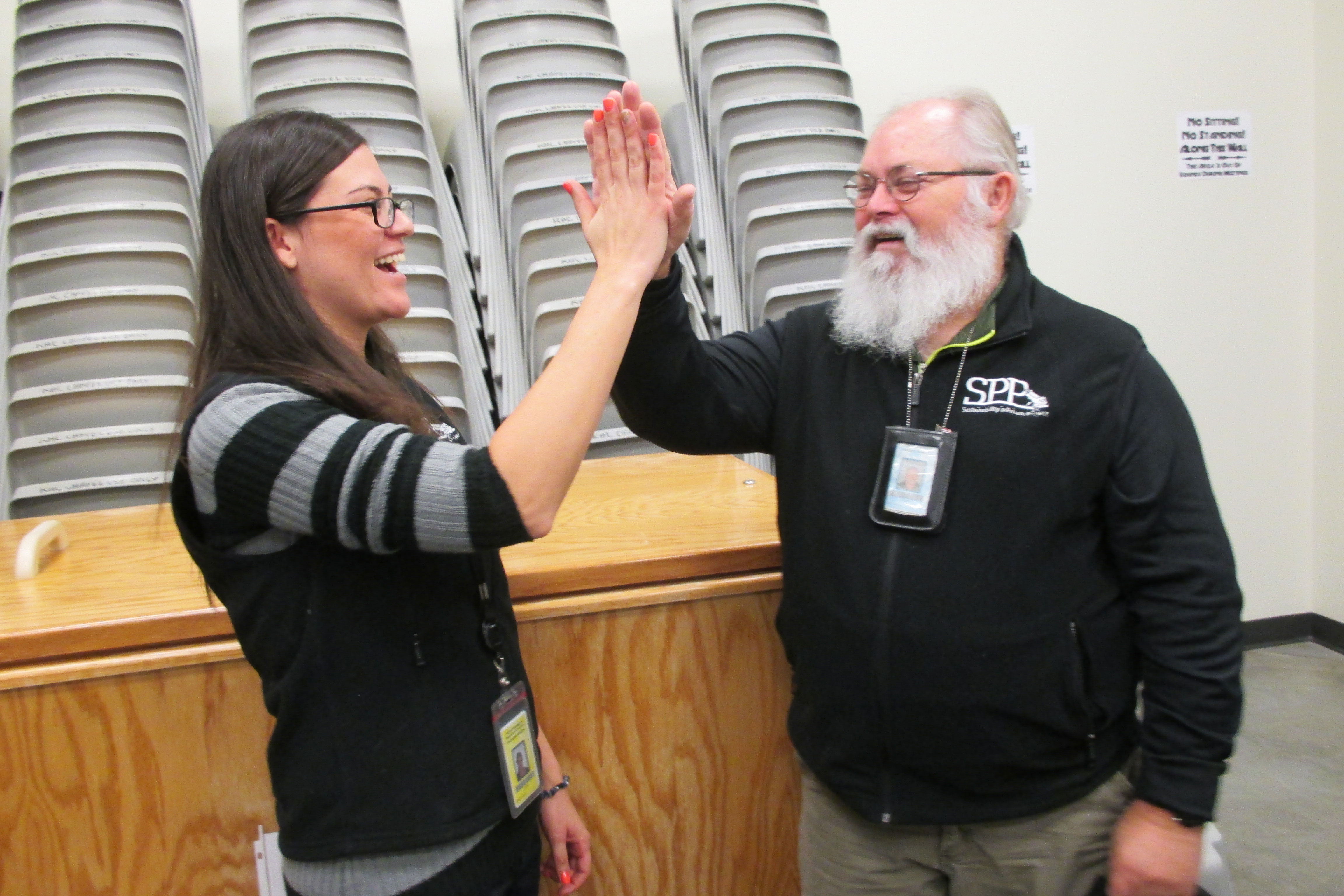Christina Stalnaker, SPP Roots of Success Coordinator, and Chuck Hudgins, Correctional Industries Food Group Statewide Sustainability Manager, talked about sustainability project plans and ideas after graduation.