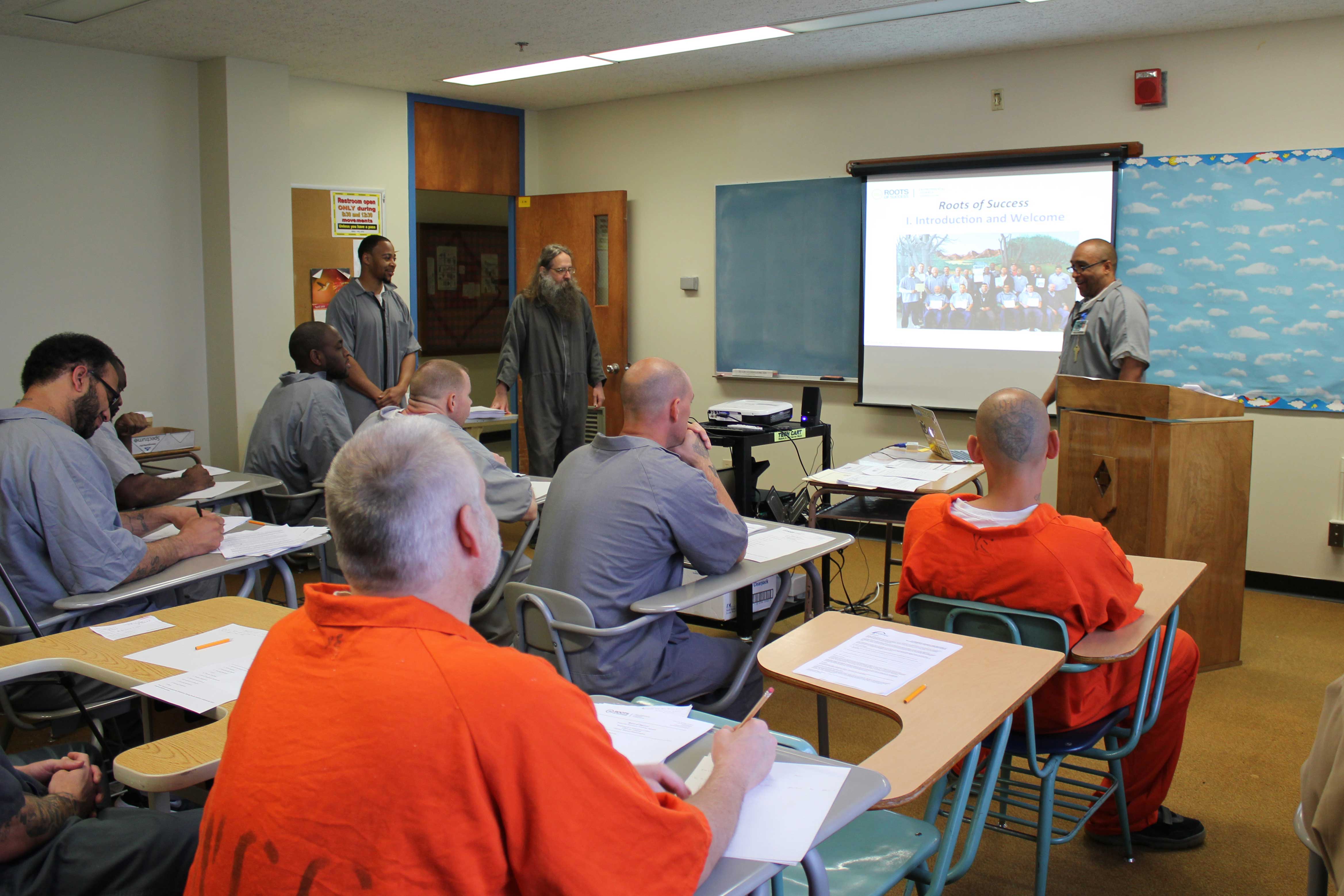 The Stafford Creek Master Trainer team- Cyril Walrond, David Duhaime, and Grady Mitchell- teach instructor candidates for the first time. Photo by Joslyn Rose Trivett.