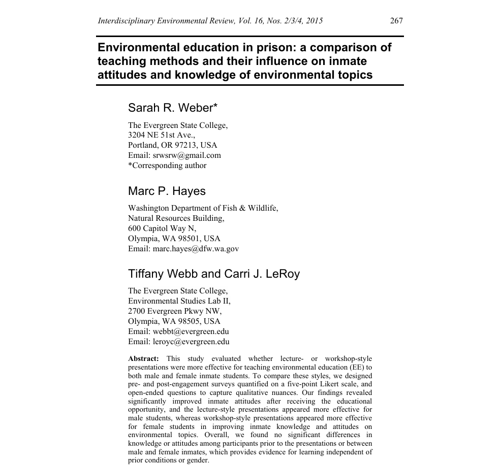 Environmental education in prison” Interdisciplinary Environmental Review.