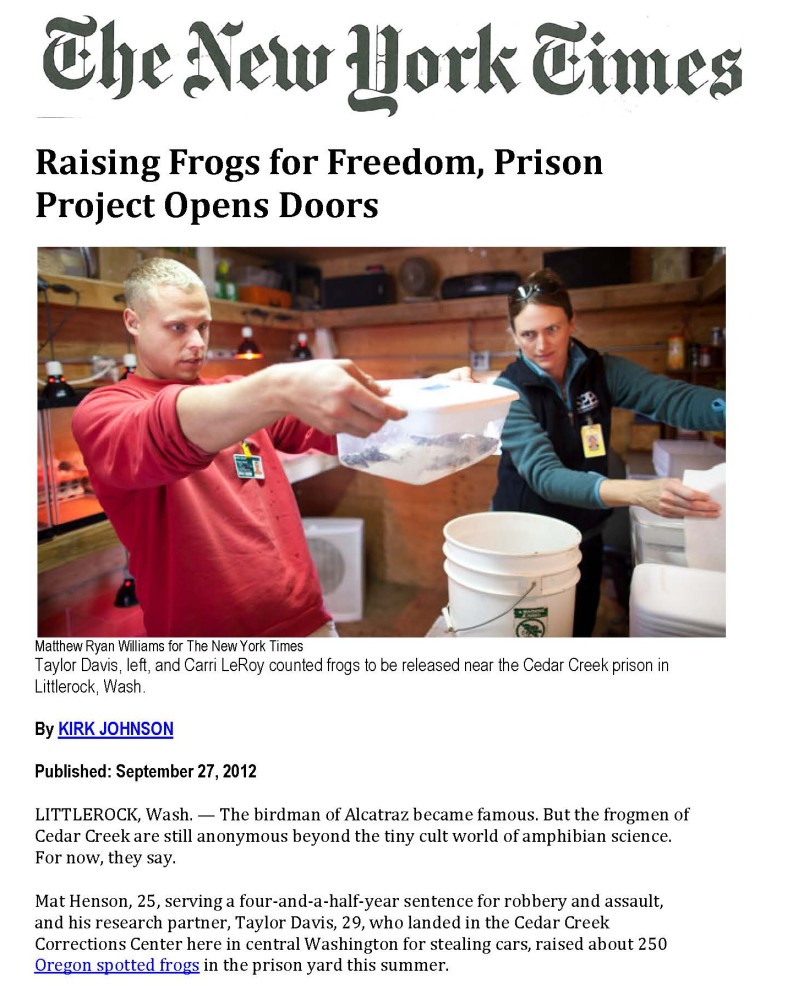 New York Times: Raising Frogs for Freedom, Prison Project Opens Doors